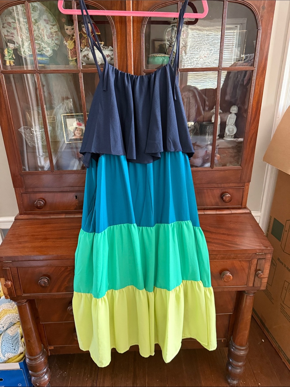 Time and Tru Navy, Teal, Green and Yellow Tiered Maxi Dress